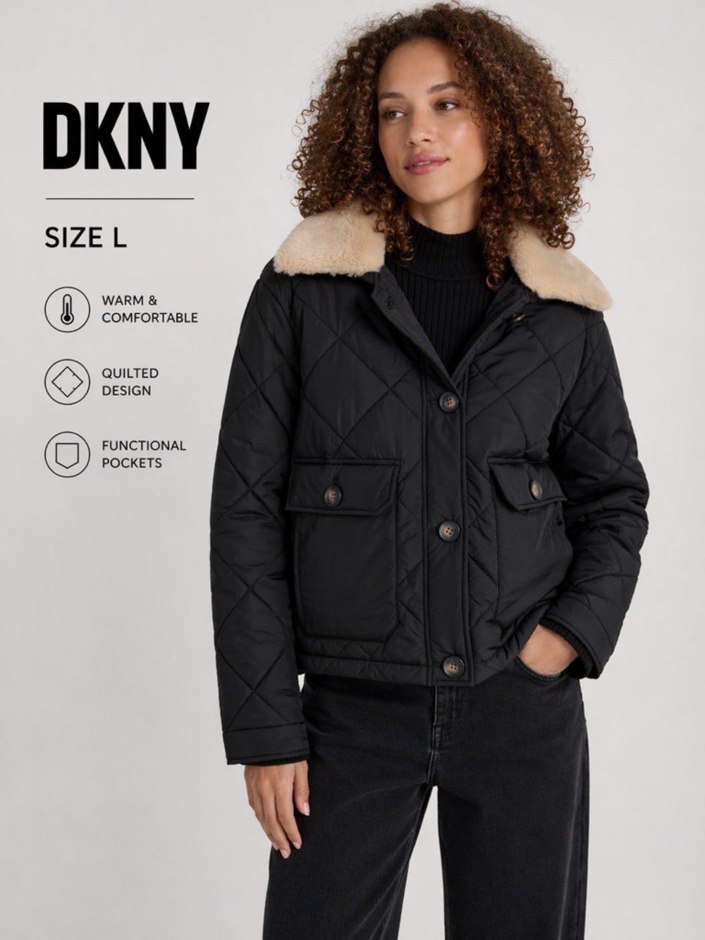 DKNY crop quilted stylish Streetwear  black Jacket with Faux Fur Trim/size L